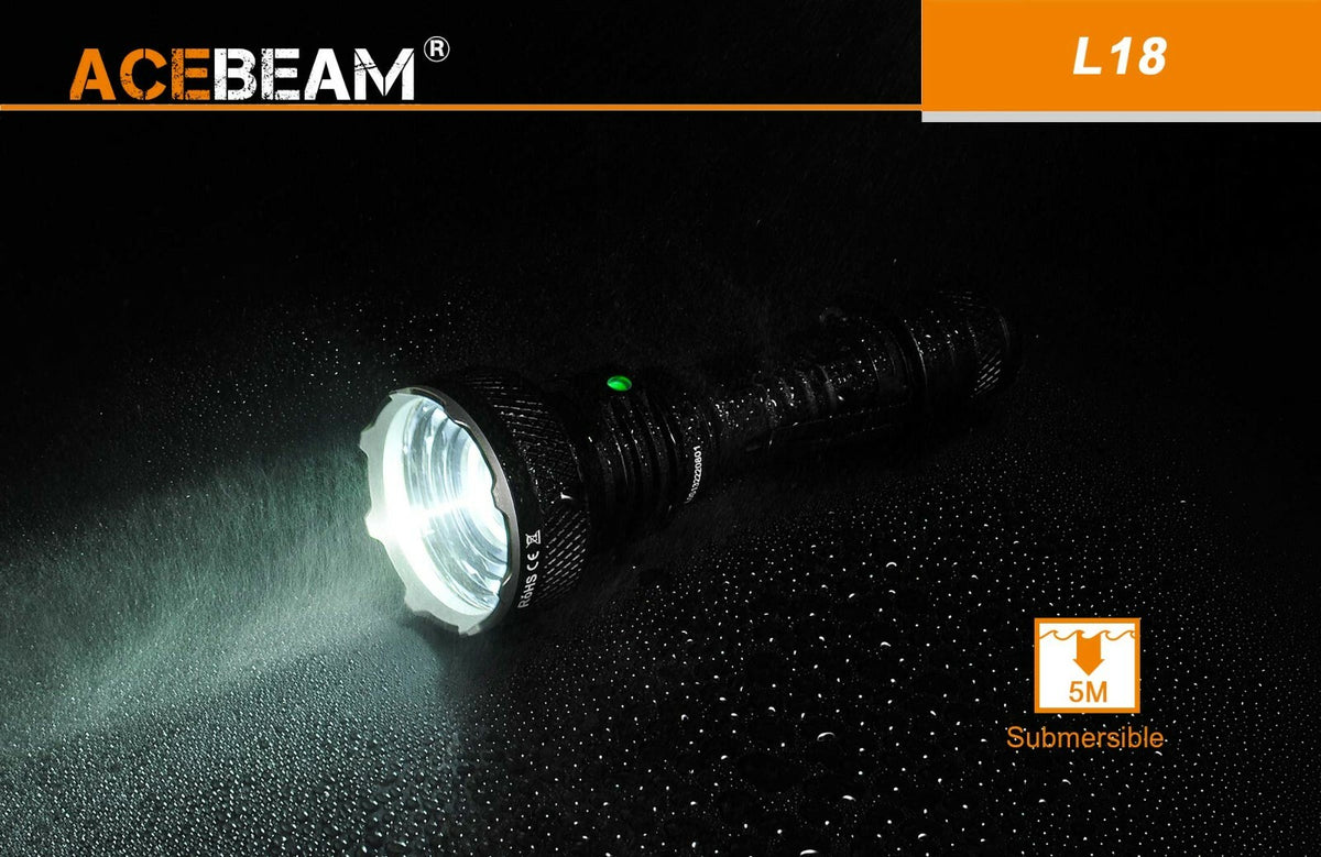 Acebeam L18 Long Throw LED Flashlight 1500 Lumen, 1km Range with Battery