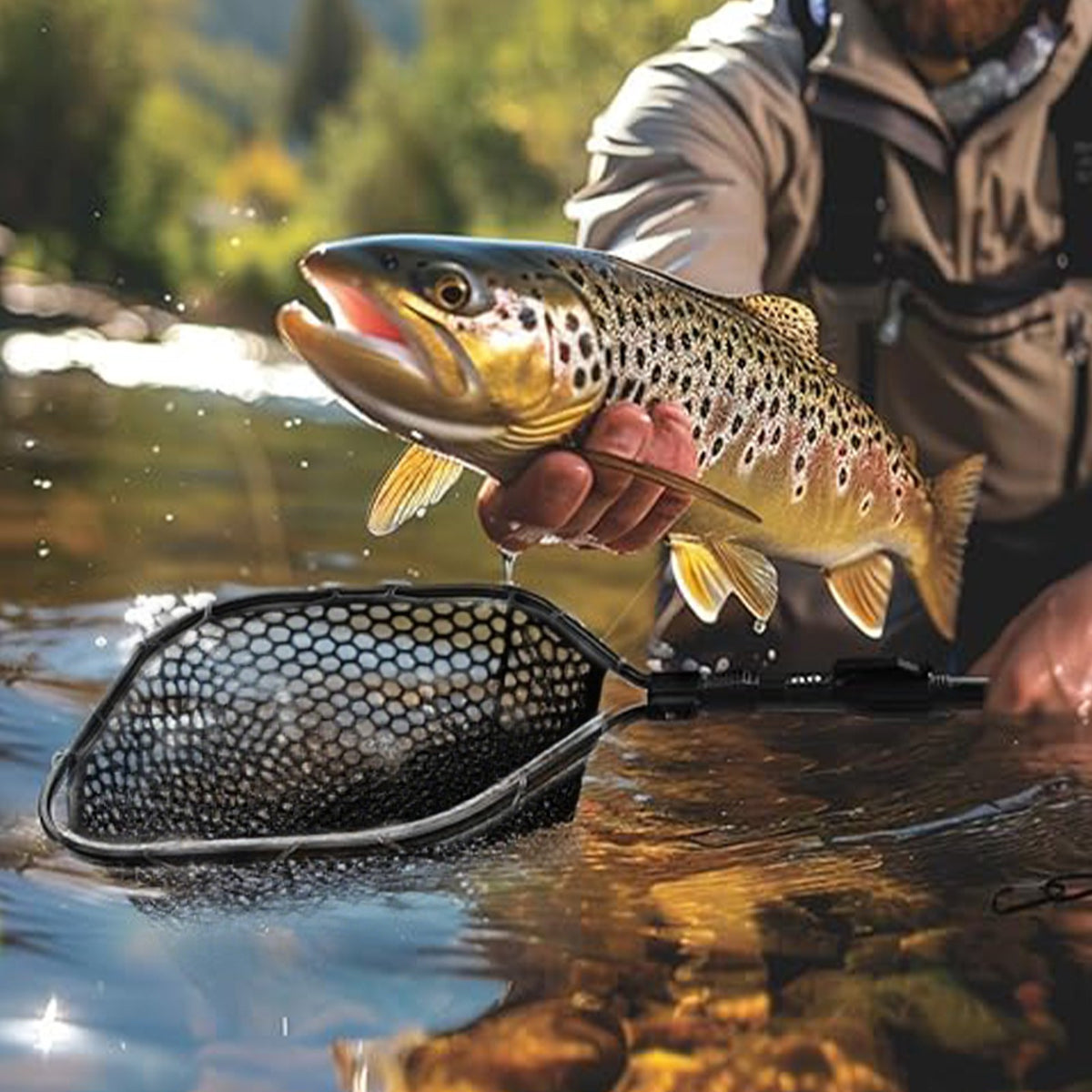 Folding Fishing Landing Net with Rubber Mesh and Aluminum Frame