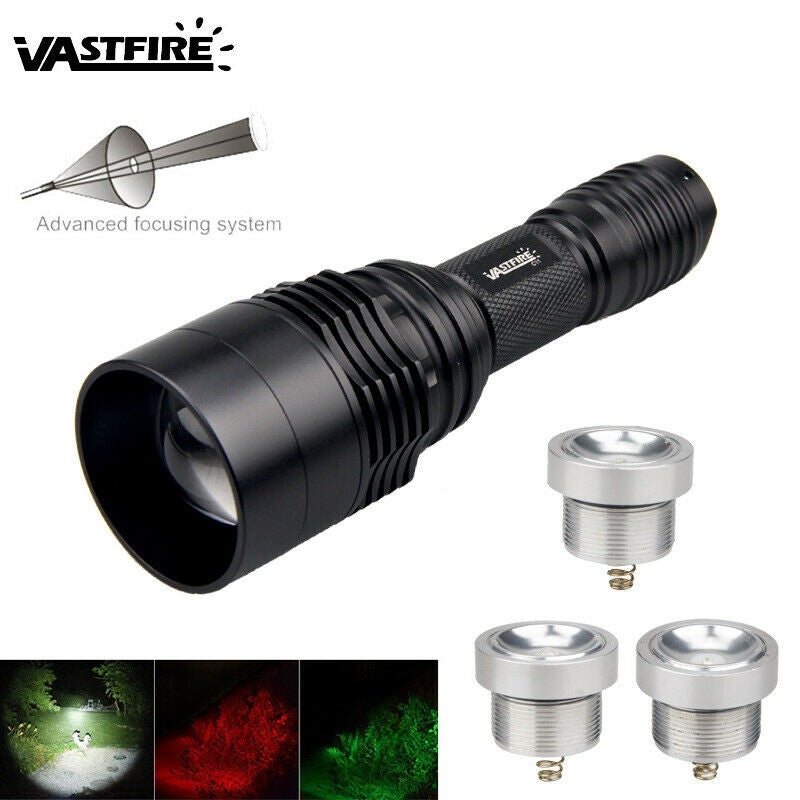 LED Hunting Flashlight with Red Green White Lights Long Range Outdoor Torch