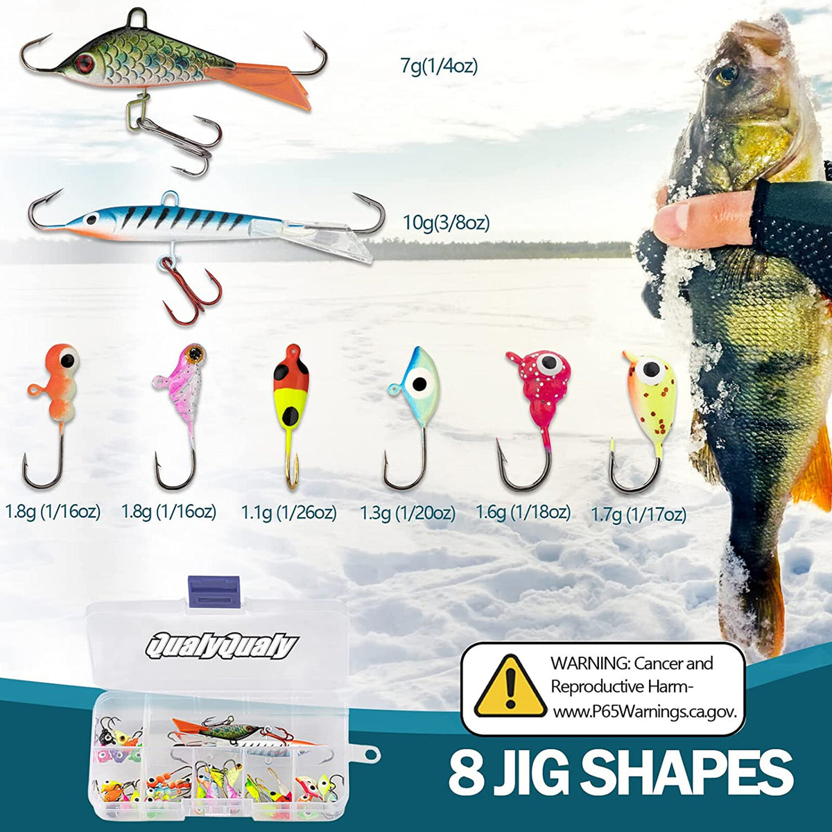 38Pcs Ice Fishing Jigs Set Glow Lures for Perch Crappie Panfish - Tackle Kit