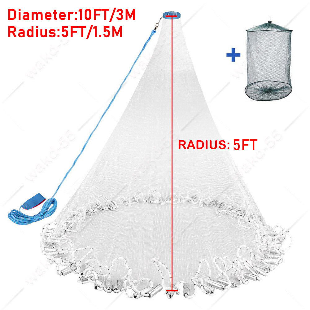 Heavy Duty Fishing Cast Net 6-16FT for Bait & Catching Fish - Durable Nylon Mesh