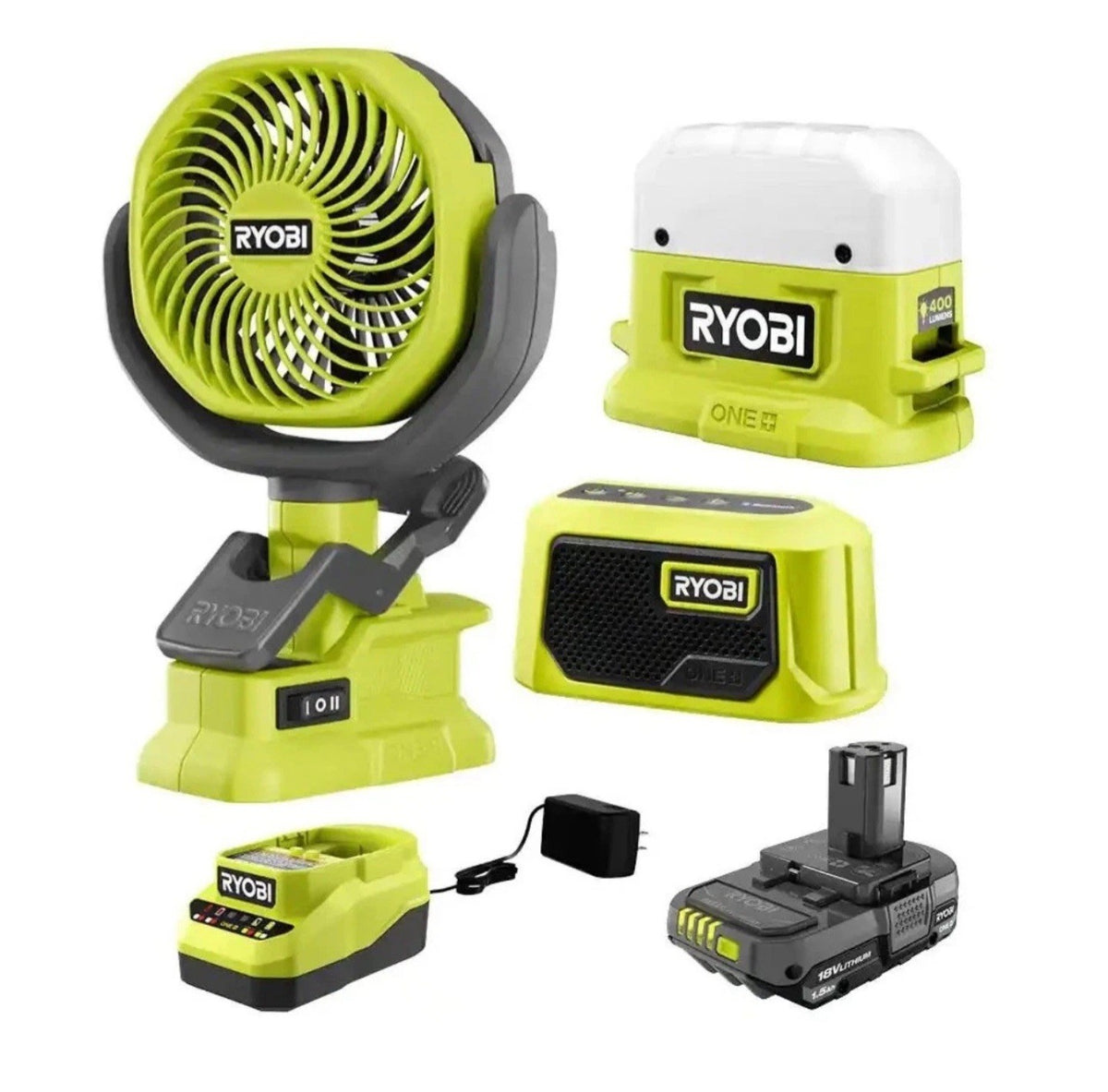 Ryobi ONE+ 18V Cordless Camping Multi-Tool Kit with Lantern, Fan & Battery