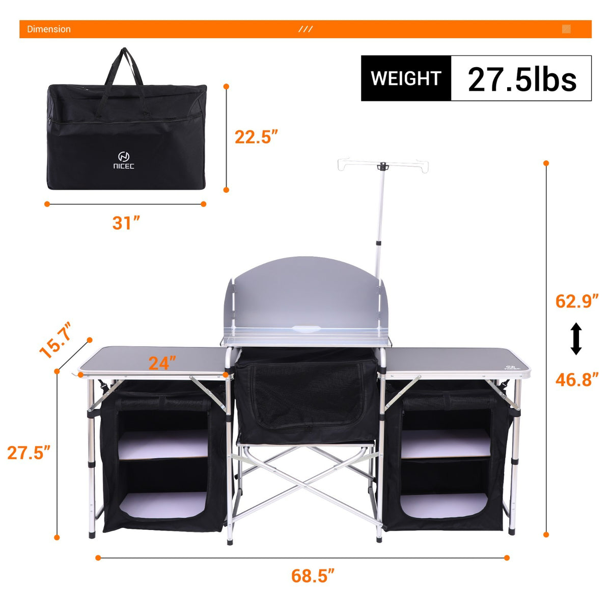 Folding Camping Kitchen Table with Windshield Light Stand & Organizers
