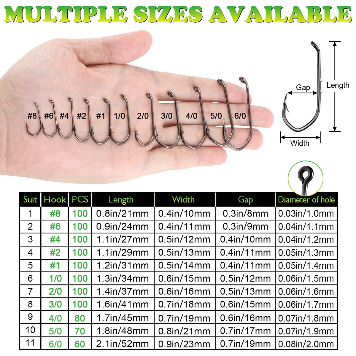 100pcs 3/0 Heavy Duty Fishing Hooks V-Bend Offset Point for Bass & Saltwater