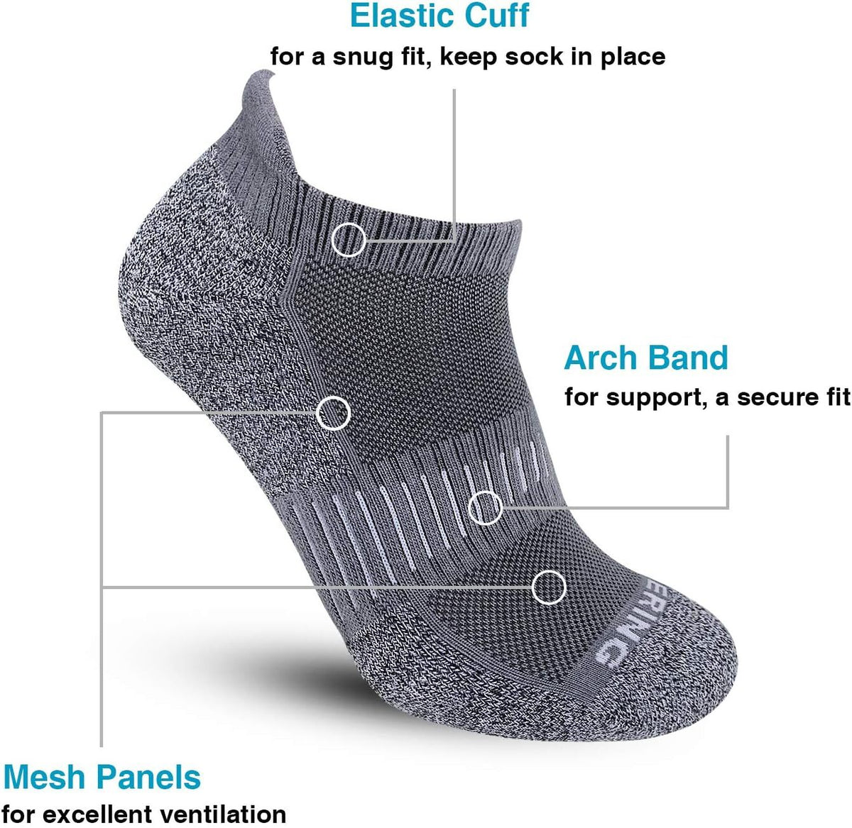 Men's Athletic Cushioned Low Cut Ankle Running Socks - Grey, Size 6-12