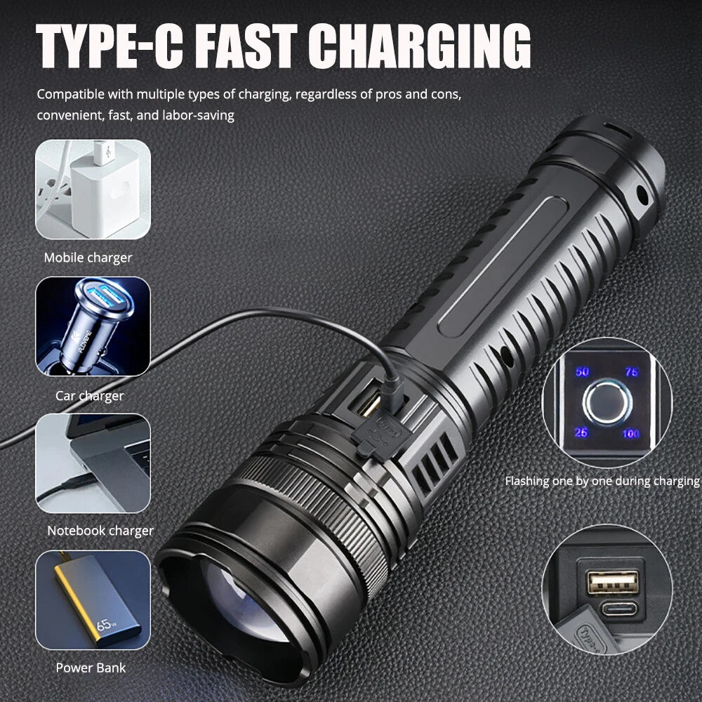 Rechargeable LED Flashlight 10000 Lumens Tactical Searchlight with Zoom