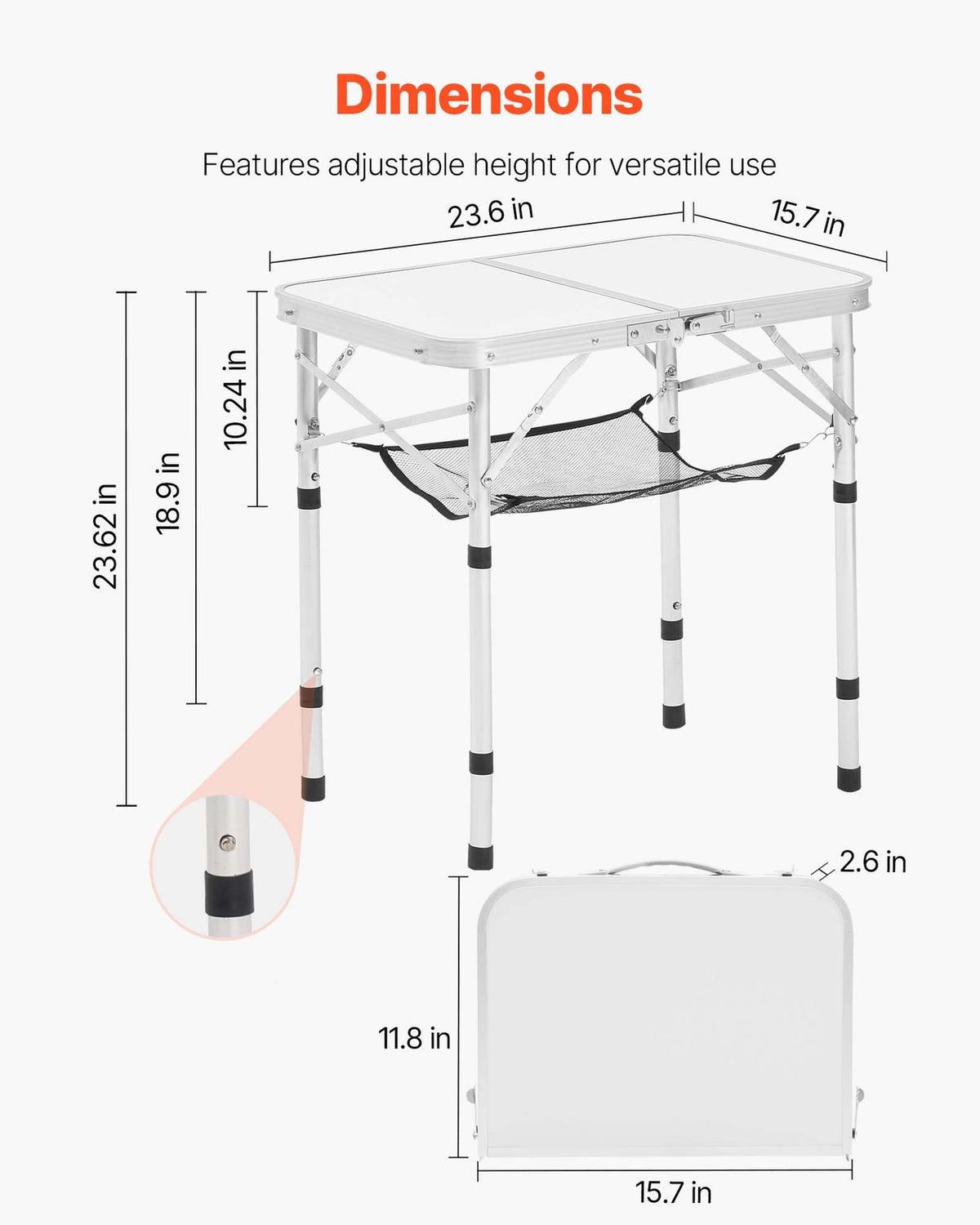 2ft Folding Camping Table with Adjustable Height and Carry Handle