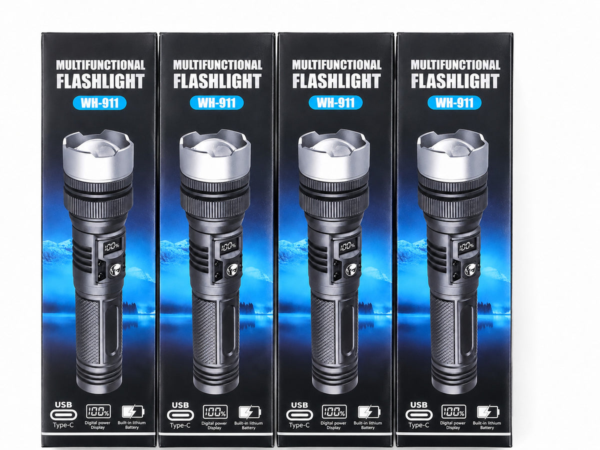 Rechargeable LED Tactical Flashlight Set with LCD Display & Power Bank - 4 Pack
