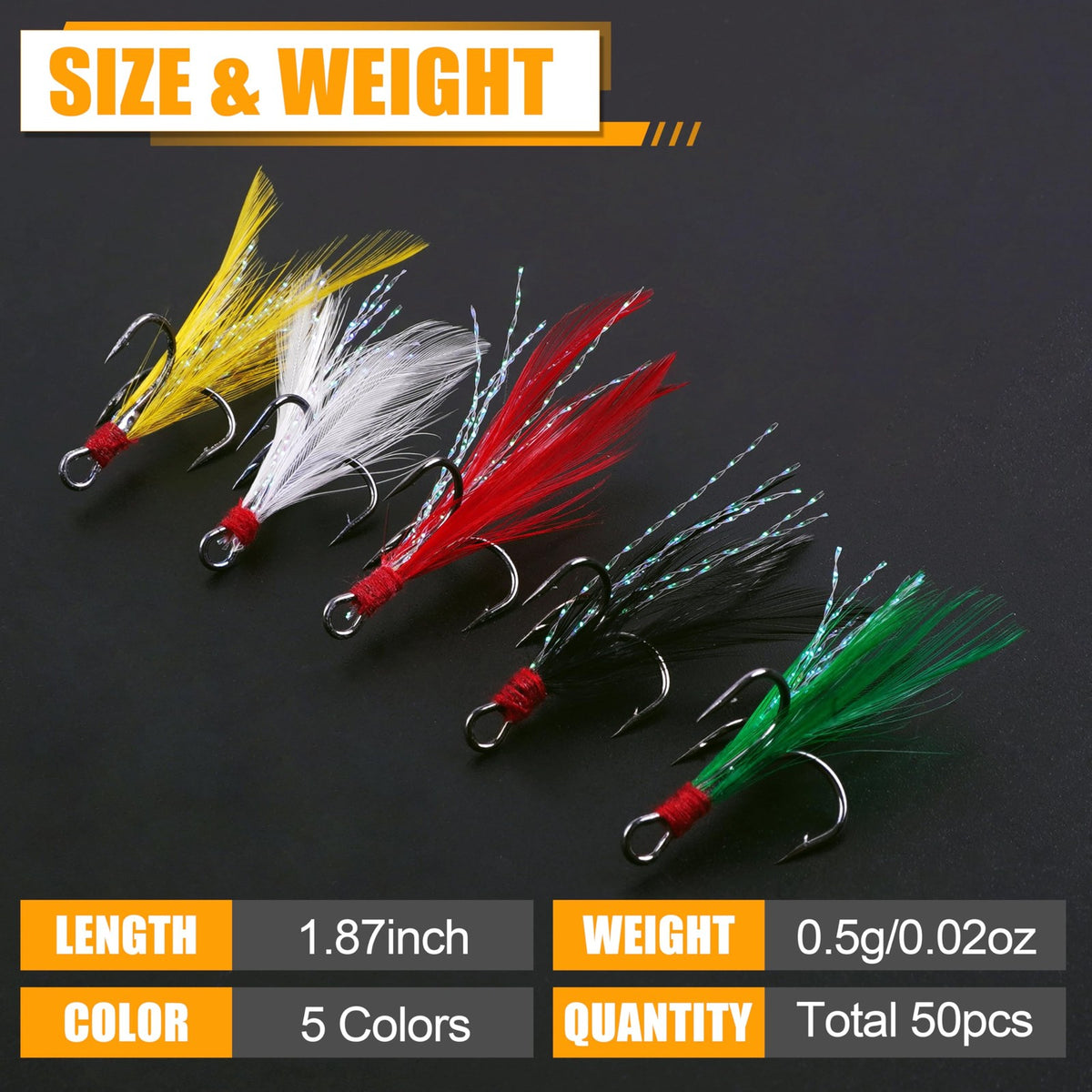 Fishing Treble Hooks Kit 50pcs Feathered Dressed Round Bend Saltwater & Freshwater