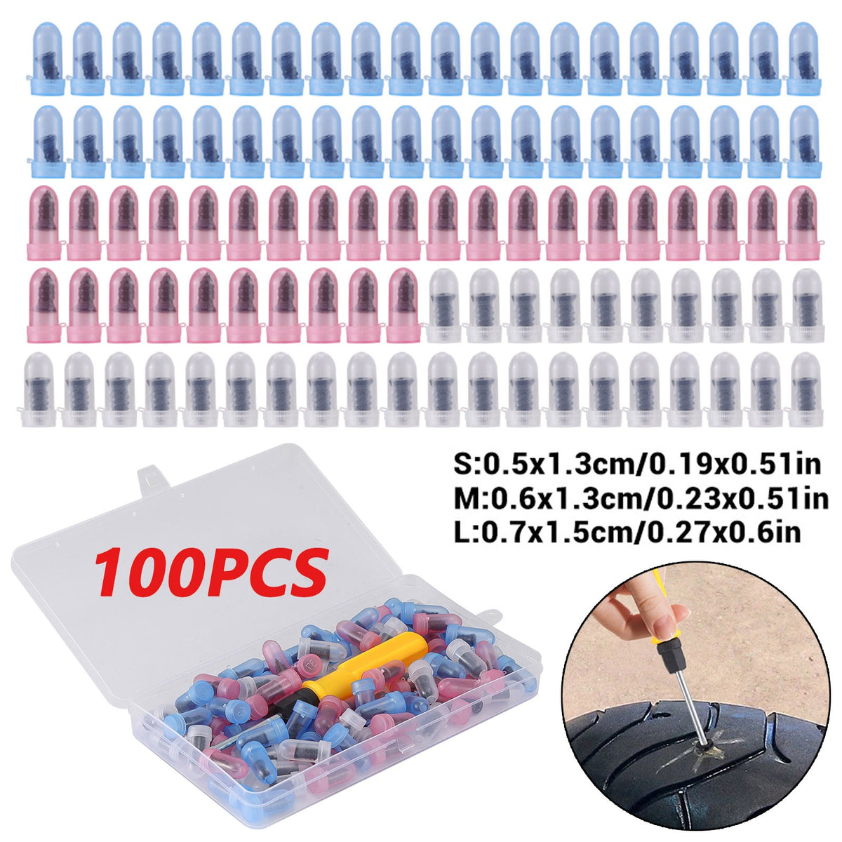 100Pcs Tire Repair Kit with Rubber Nails & Screwdriver for Puncture Repair