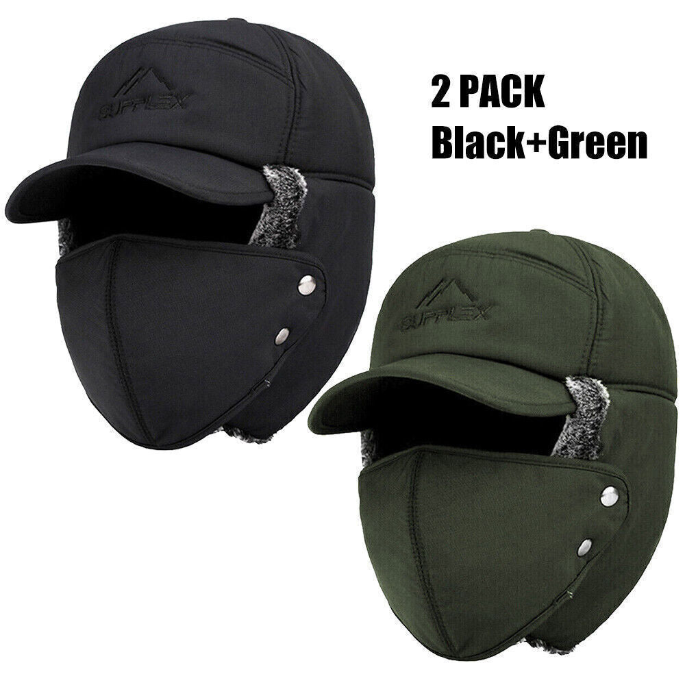 Winter Trapper Hat with Faux Fur Ear Flaps and Removable Face Mask - Windproof & Waterproof