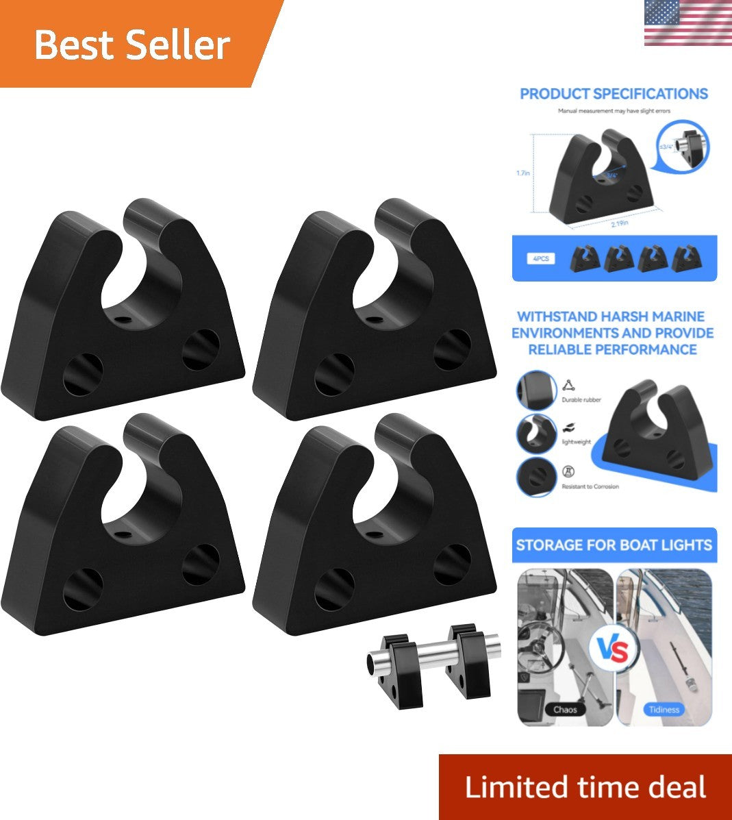 Marine Rubber Pole Light Storage Clips - 3/4 Inch Boat Pole Holders (4 Pack)