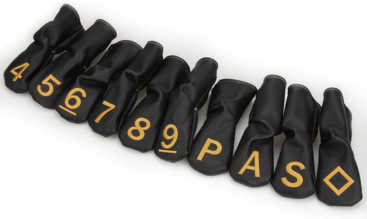 Golf Iron Head Covers Set - Black Hybrid Club Protectors with Large Gold Numbers