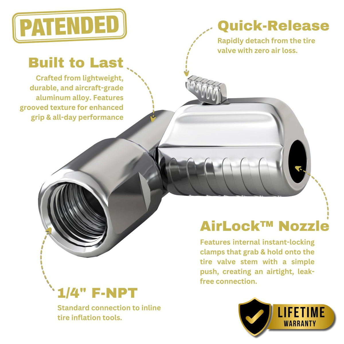 JACO Lightning L2-Series Tire Air Chuck - 1/4" F-NPT Open Flow, 360 Swivel