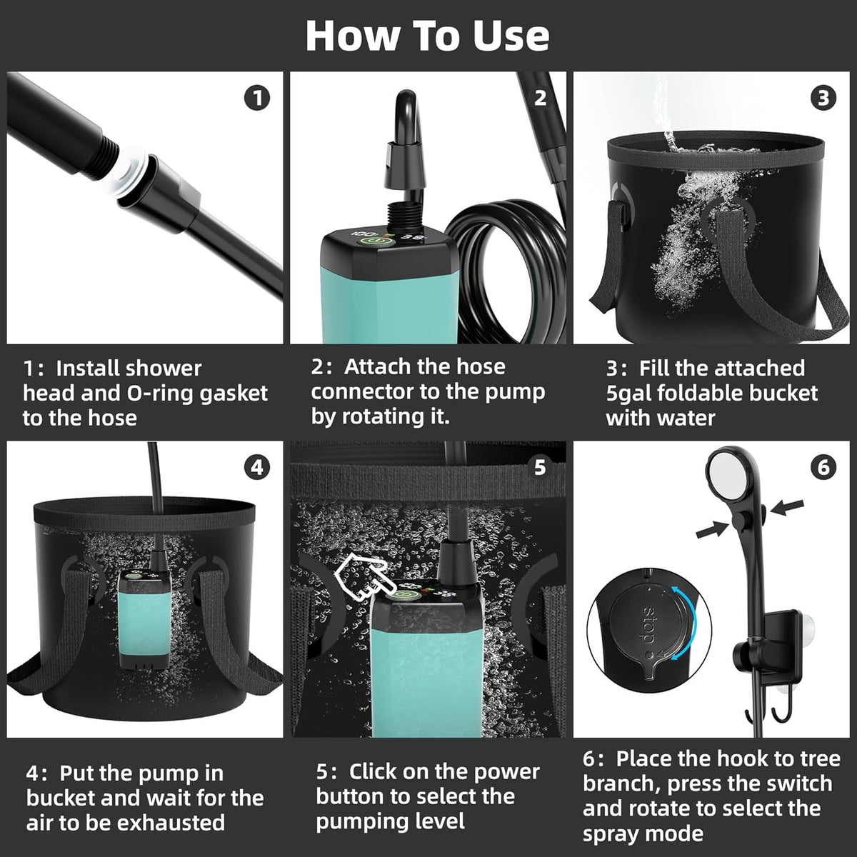 Rechargeable Portable Camping Shower Pump with Foldable 5 Gal Bucket