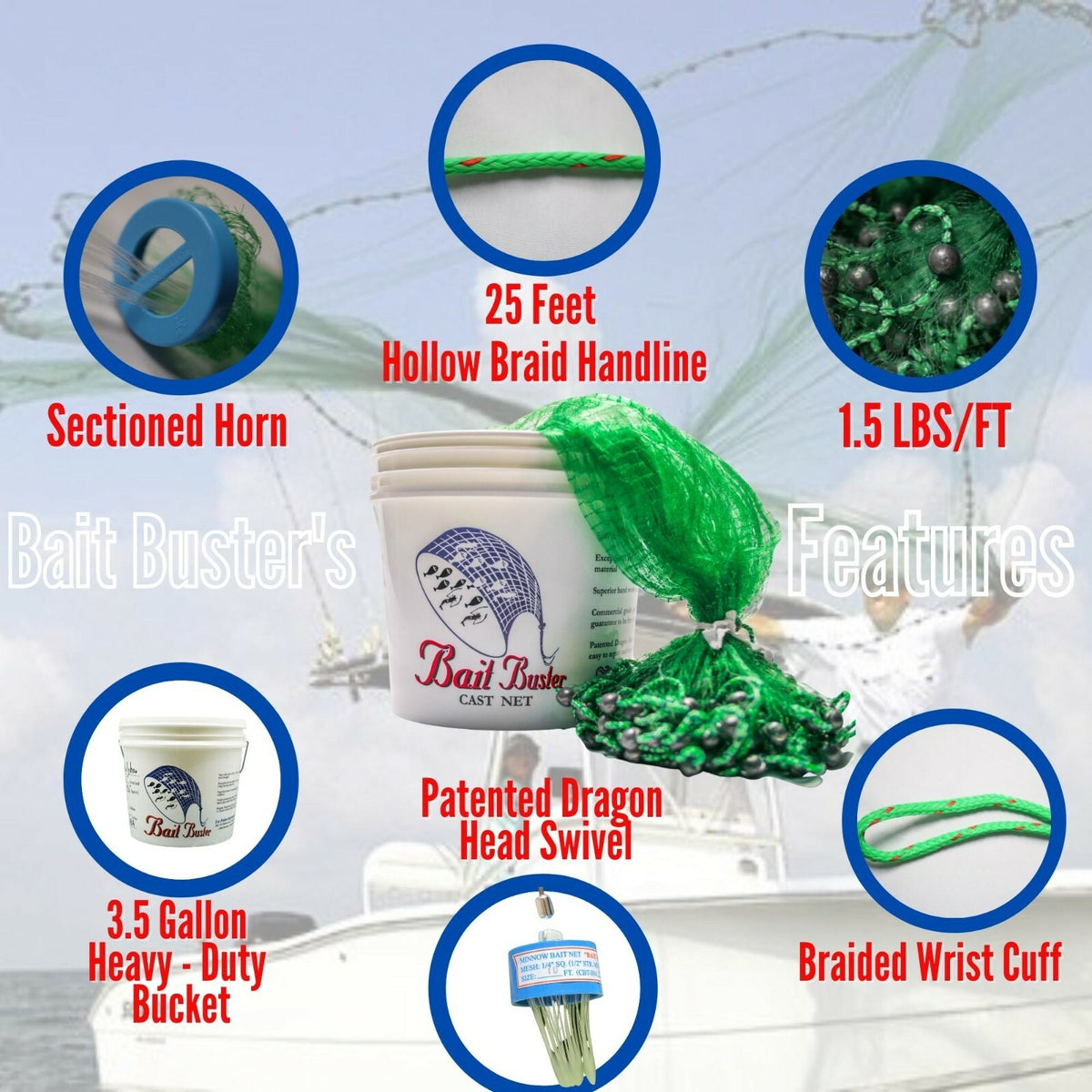Heavy-Duty Cast Net for Bait Fishing - 1/2" Mesh, Multiple Sizes