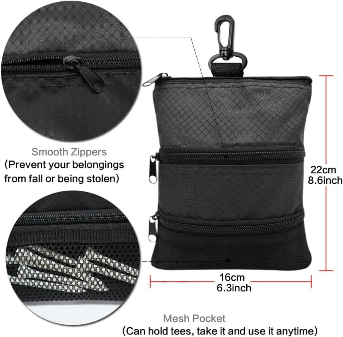 Golf Bag Valuables Pouch with Multiple Pockets and Zipper Hook - Portable Golf Accessory