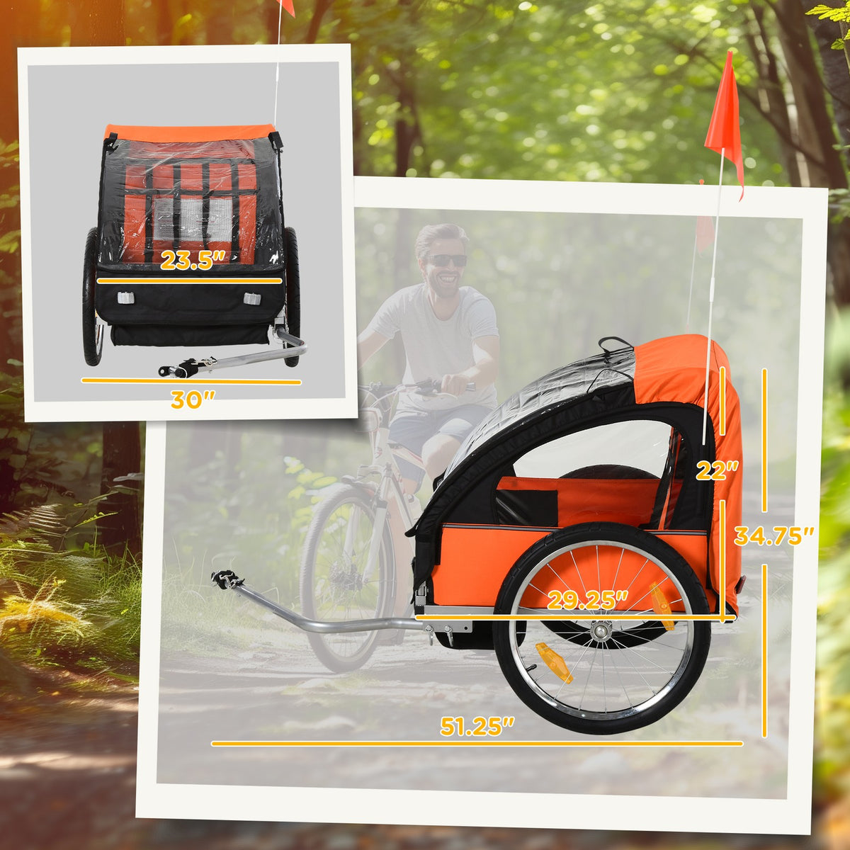 2-Seat Kids Bicycle Trailer - Orange, Steel Frame & Easy Entry