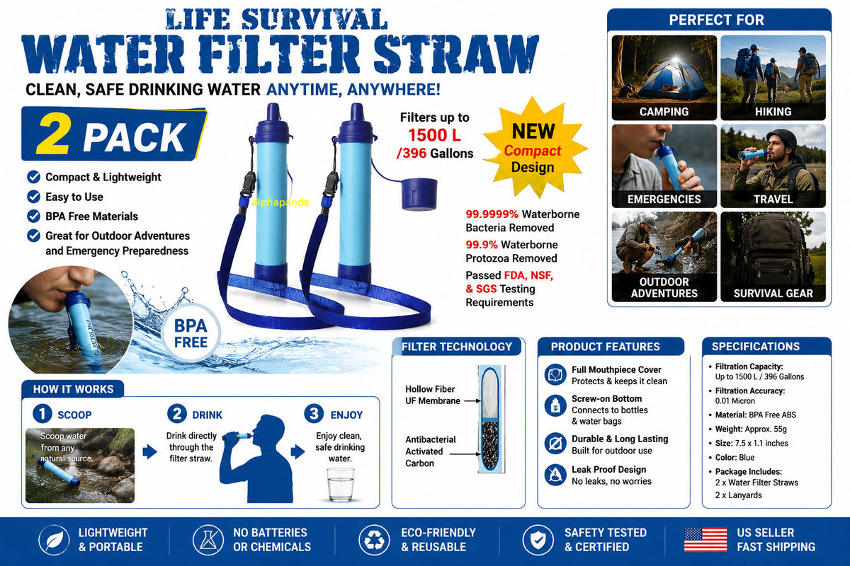 2 Pack Portable Survival Water Filter Straws for Camping & Hiking