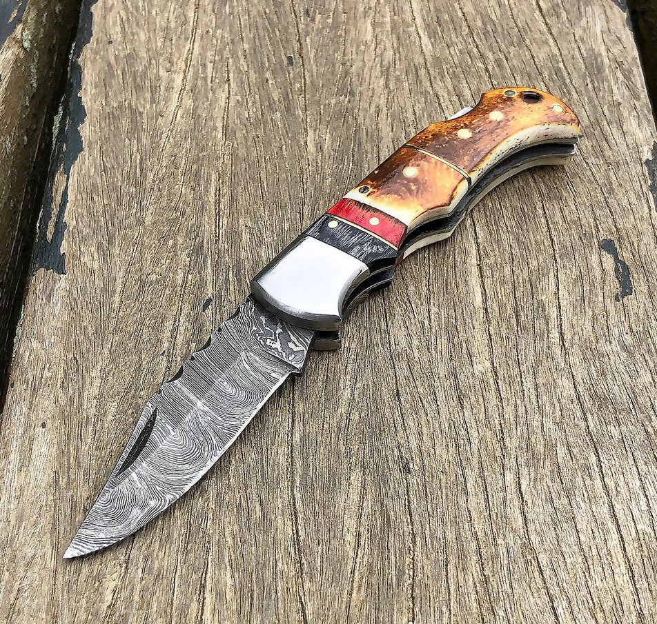Damascus Folding Pocket Knife with Small Defects Handmade, Multiple Variants