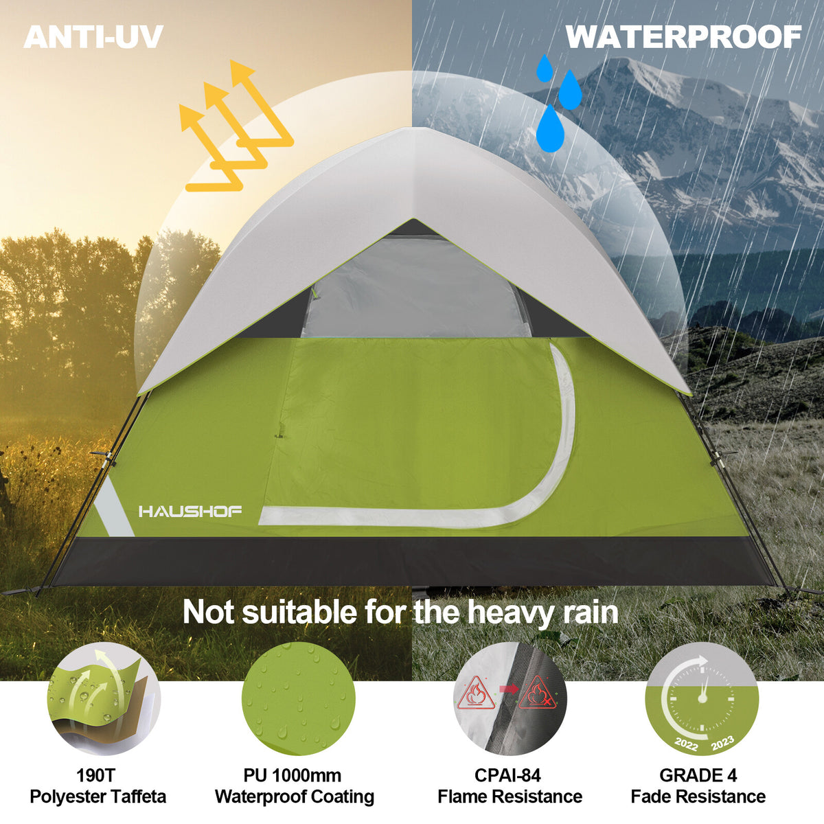 Family Dome Camping Tent with Removable Rainfly, 2-4 Person, Waterproof & Easy Setup