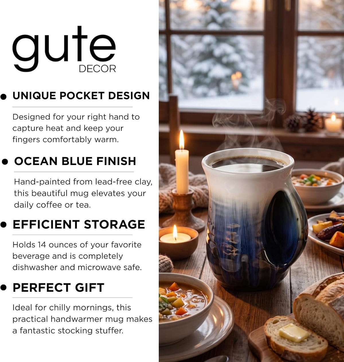 Ceramic Hand Warmer Mug with Hand-Painted Ocean Blue Finish - Contoured Pocket for Warmth