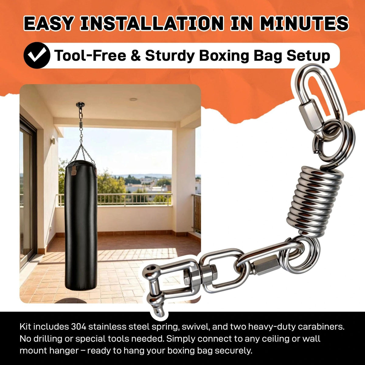 Heavy-Duty Stainless Steel 360° Swivel Punching Bag Hanger with Spring and Carabiners