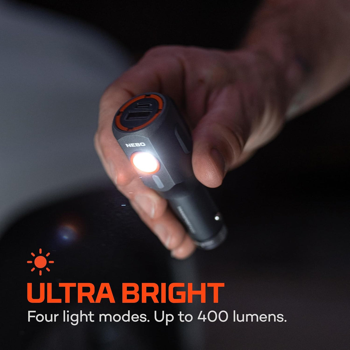 2-in-1 Car Charger and Flashlight with 400 Lumens, 6 Light Modes, Emergency Glass Breaker