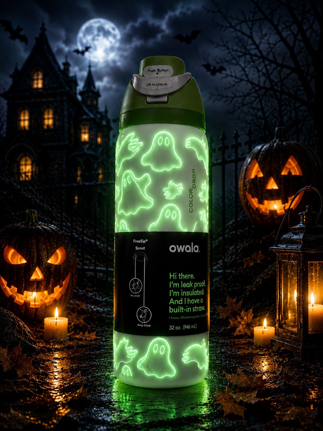 Glow in the Dark Ghost Water Bottle - Insulated 32 oz Halloween Design