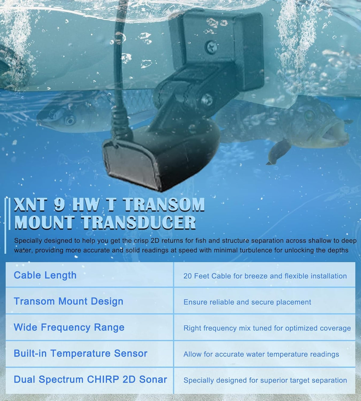 Transom Mount Fish Finder Transducer Compatible with Humminbird Helix Models - 20Ft Cable