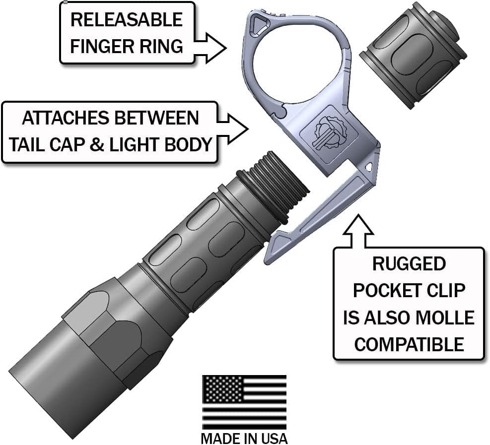 Releasable Flashlight Ring with Pocket Clip for Tactical Use - Large 2.0