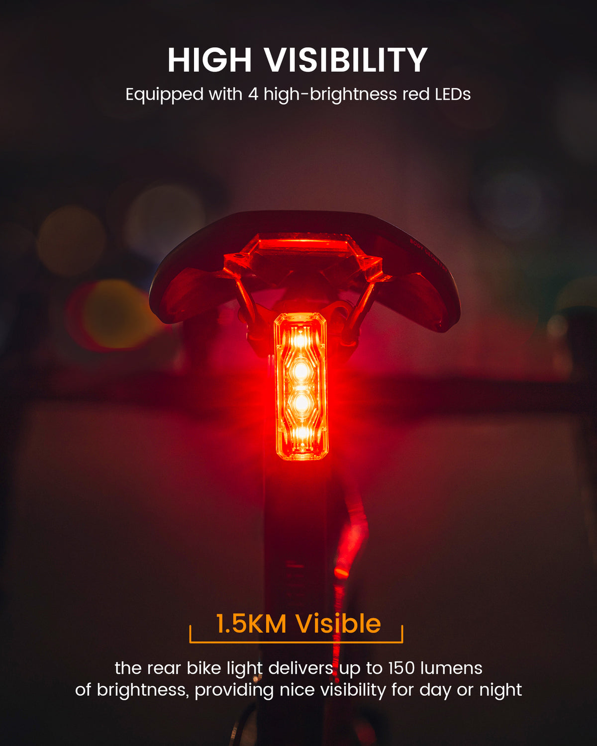 Rechargeable Bicycle Rear Light with Auto On-Off & 150 Lumens - Waterproof & 280° Visibility