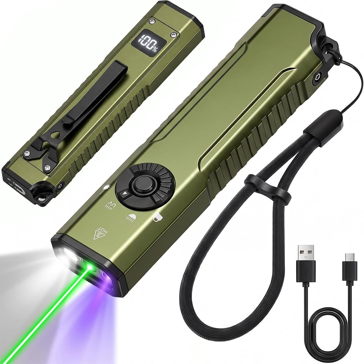 Rechargeable 3-in-1 LED Flashlight with UV and Green Light - Waterproof Portable Work Light