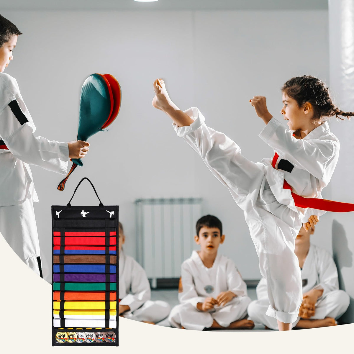 12-Slot Karate Belt Display Rack with Medal Storage – Taekwondo/Martial Arts Wall Organizer