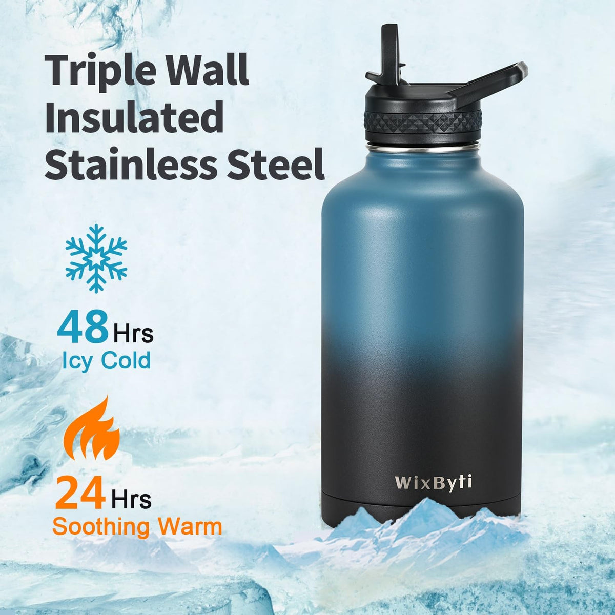 64 oz Insulated Stainless Steel Water Bottle with Straw, Leakproof Hydration Flask