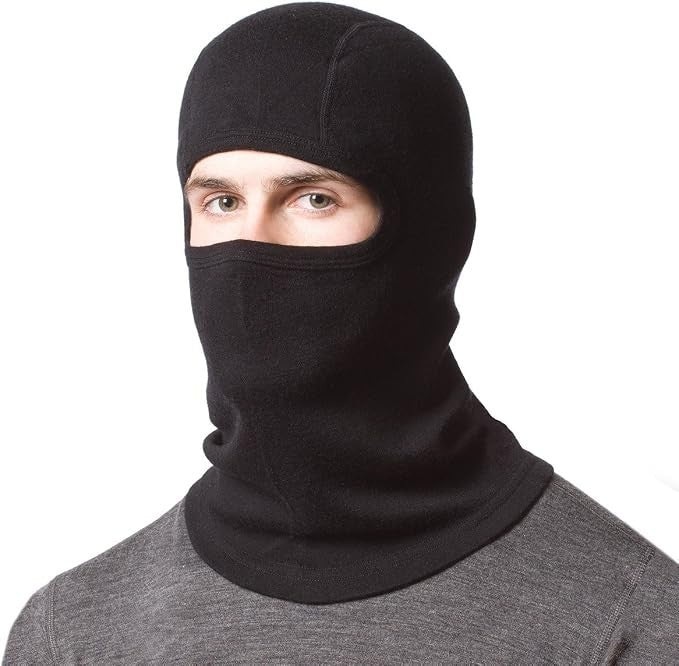 100% Merino Wool Ski Mask Balaclava Face Cover - One Size Black