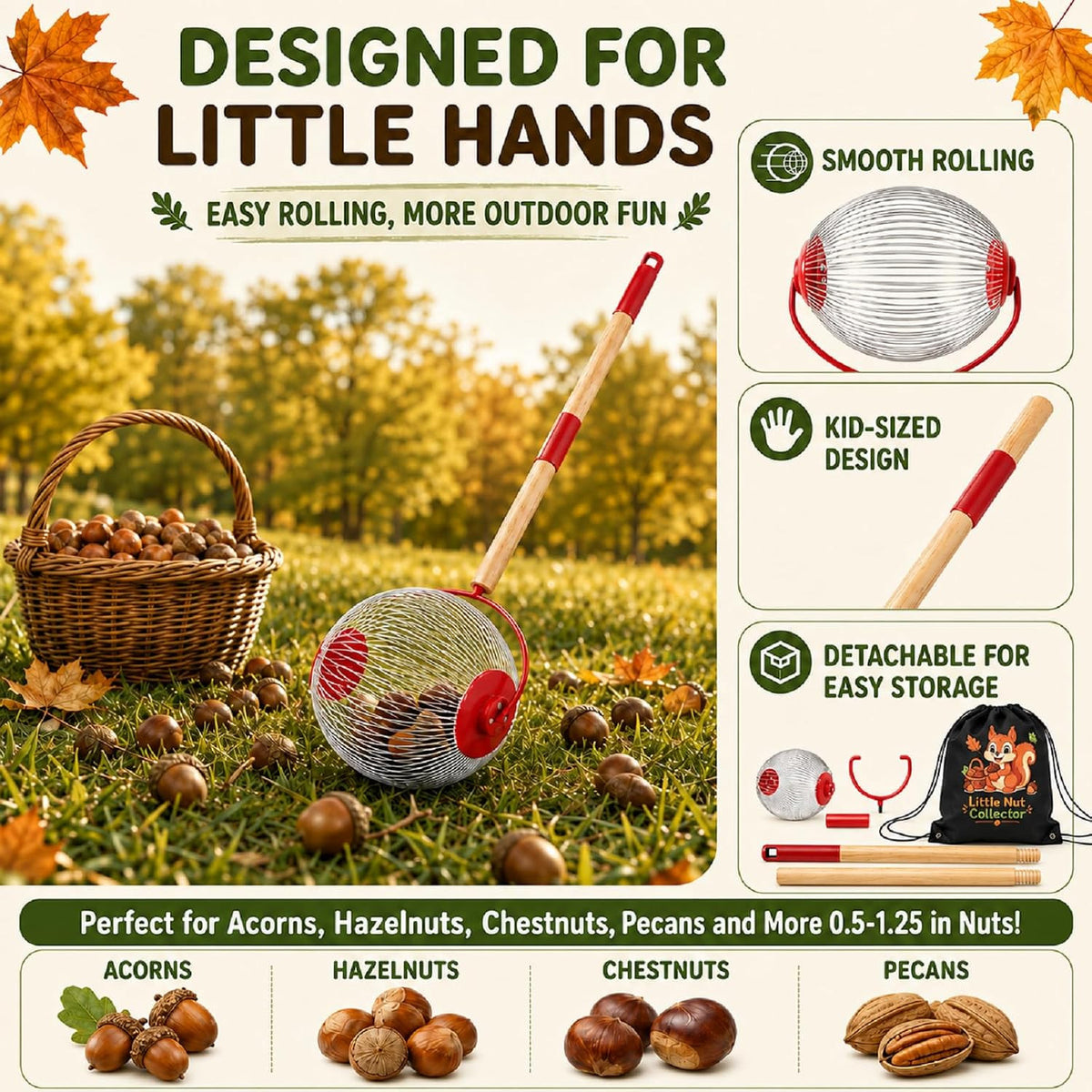 Kids Nut Gatherer Set with Roller, Wooden Handle & Storage Bag for Acorns & Nuts