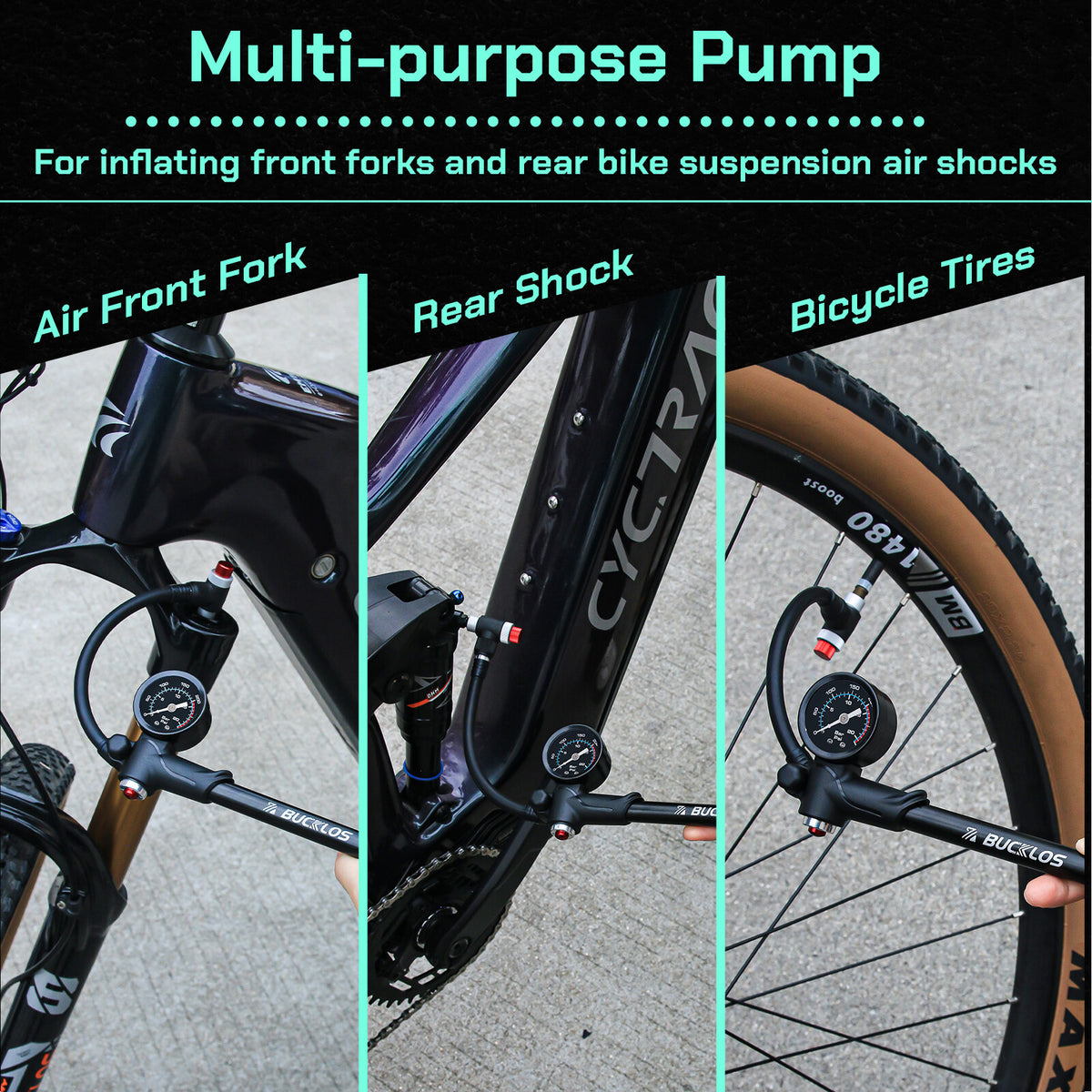 High-Pressure Bicycle Shock Pump with Pressure Gauge - Aluminum, 300 PSI