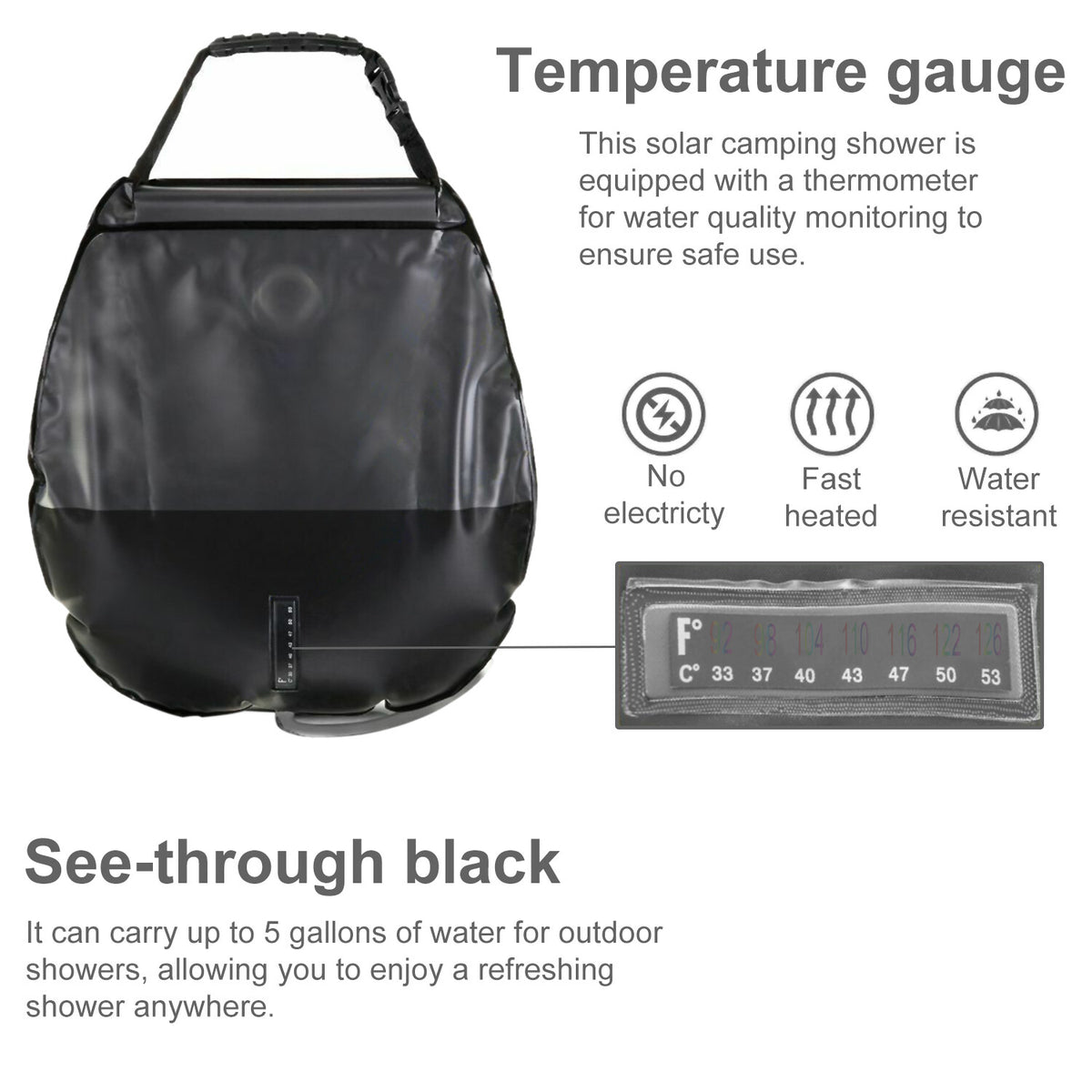 20L Portable Solar Heated Camping Shower Bag with Temperature Display