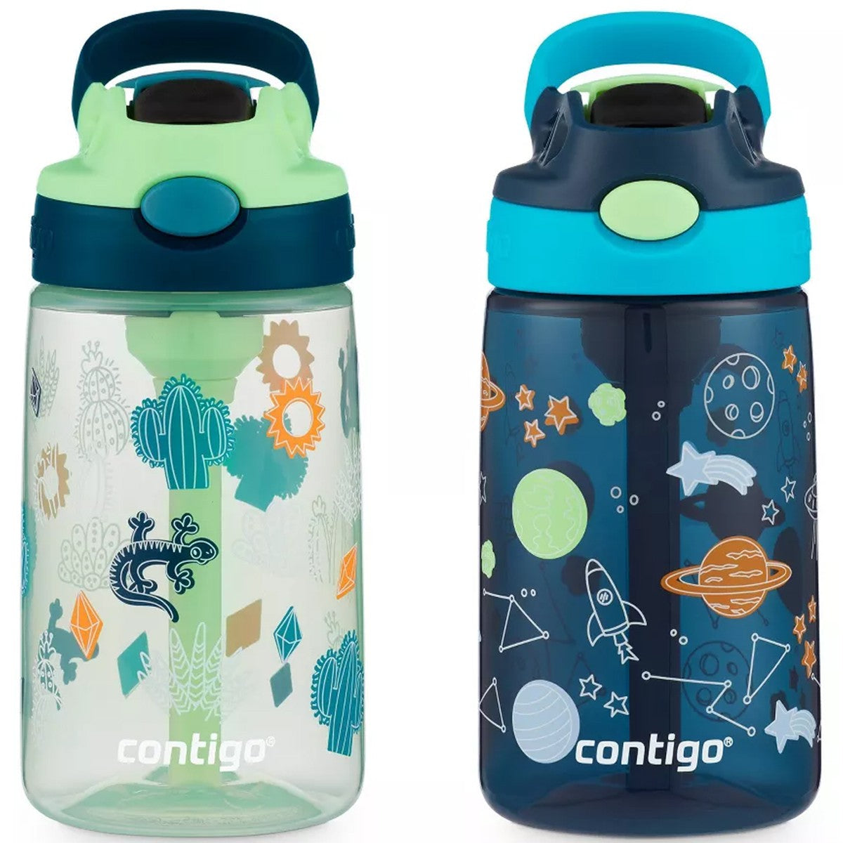 Kids Water Bottle 14 oz with Autospout Straw 2-Pack, Durable Plastic