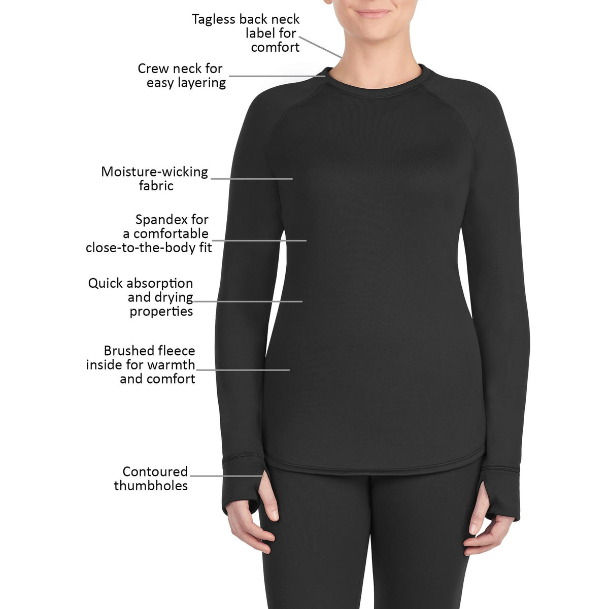 Women's Thermal Base Layer Top with Crew Neck and Thumbholes - All Sizes