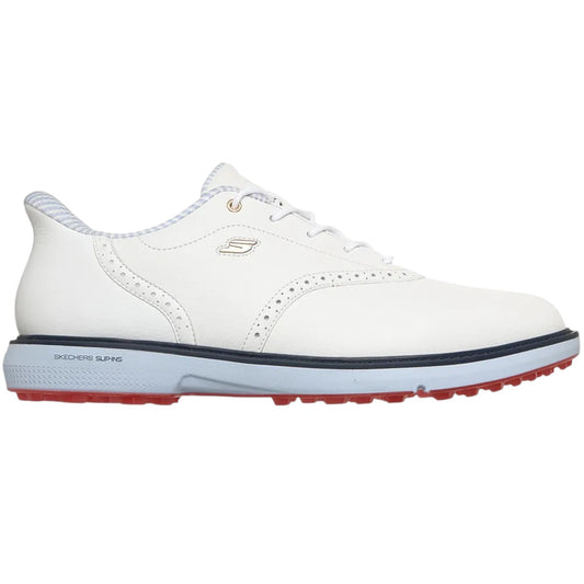 Waterproof Golf Shoes Men Spikeless Leather Slip-Ons - White Navy Red