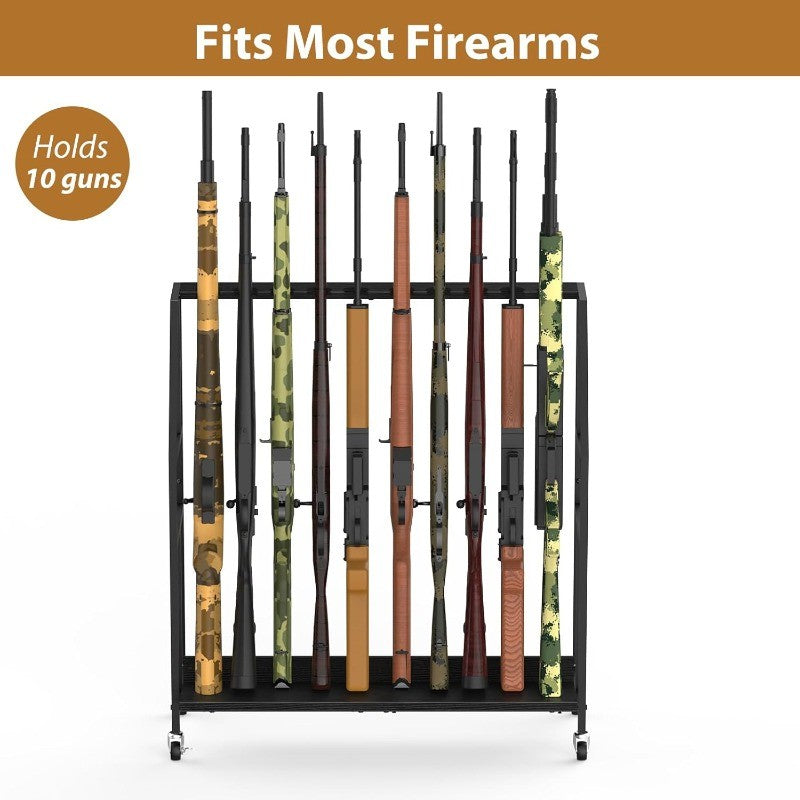 Gun Rack with Metal Frame and Wheels Holds 10 Long Guns, Adjustable Height