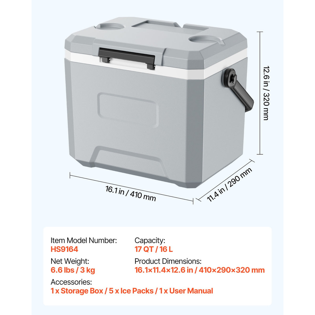 17QT Portable Hard Cooler - Leak-Resistant Camping & Outdoor Cooler Box