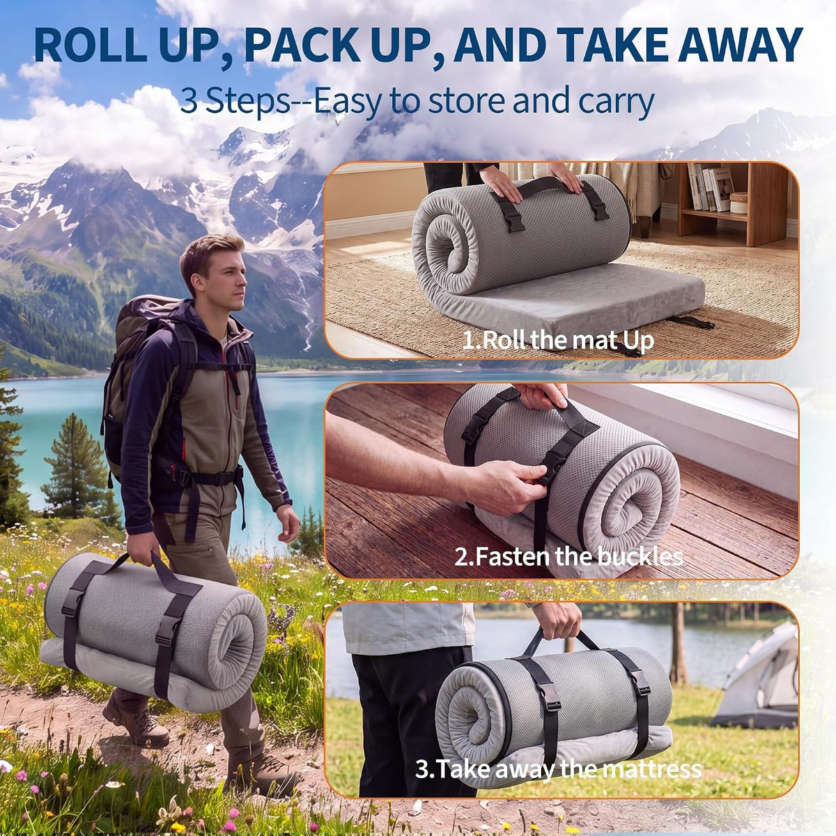 Memory Foam Camping Mattress Pad - Portable Roll-Up Sleeping Mat, Full Size Options