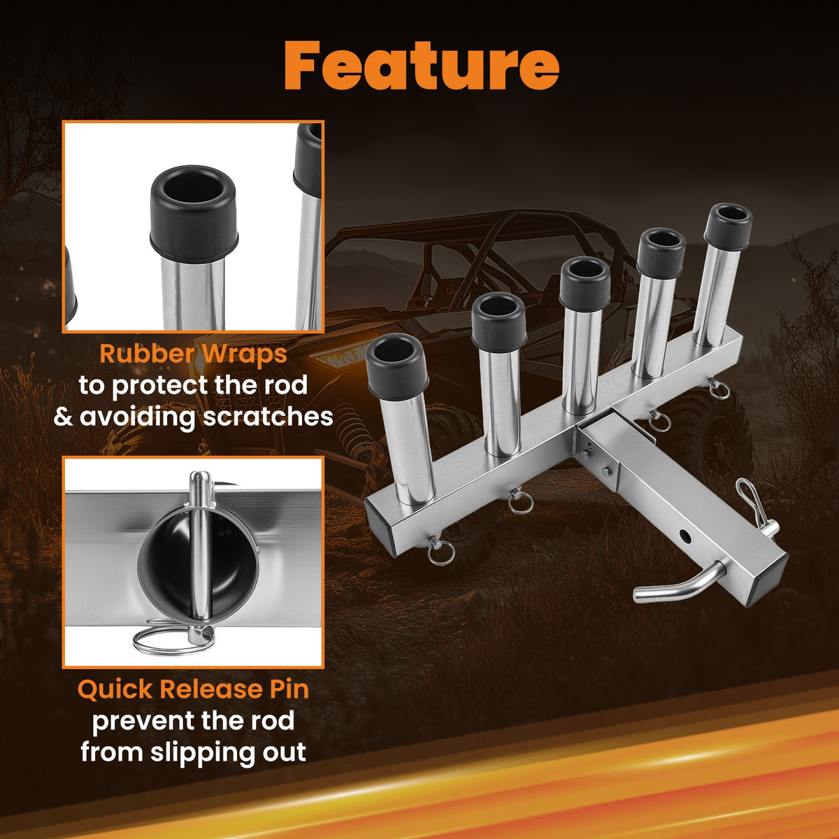 Adjustable Car Fishing Rod Holder for 2-Inch Hitch Receiver, Holds 5 Steel Rods