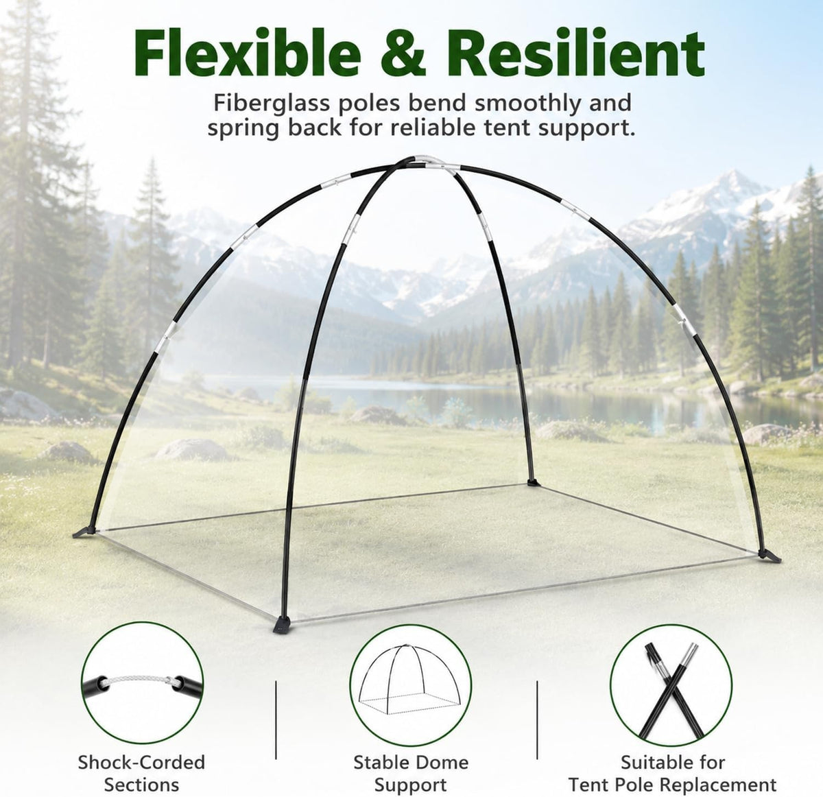 Fiberglass Tent Poles Replacement Set - Universal Support for Camping Tents