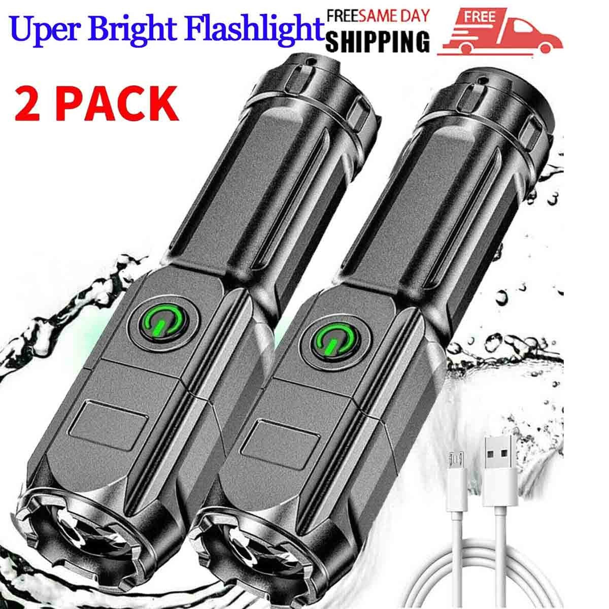 Rechargeable LED Flashlight Torch - Super Bright Tactical Handheld Lamp (2 Pack)