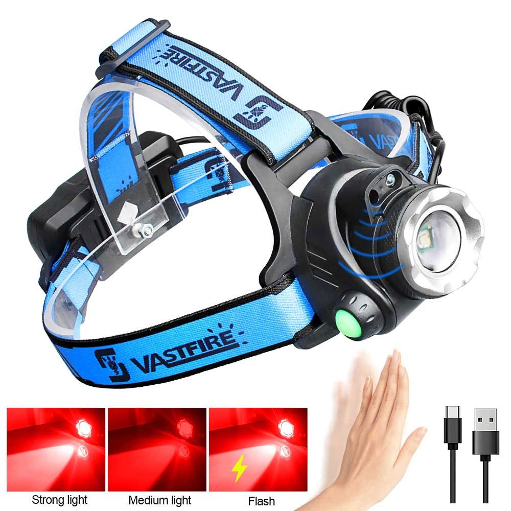 Rechargeable LED Headlamp with Red Light & Wave Control for Night Hunting