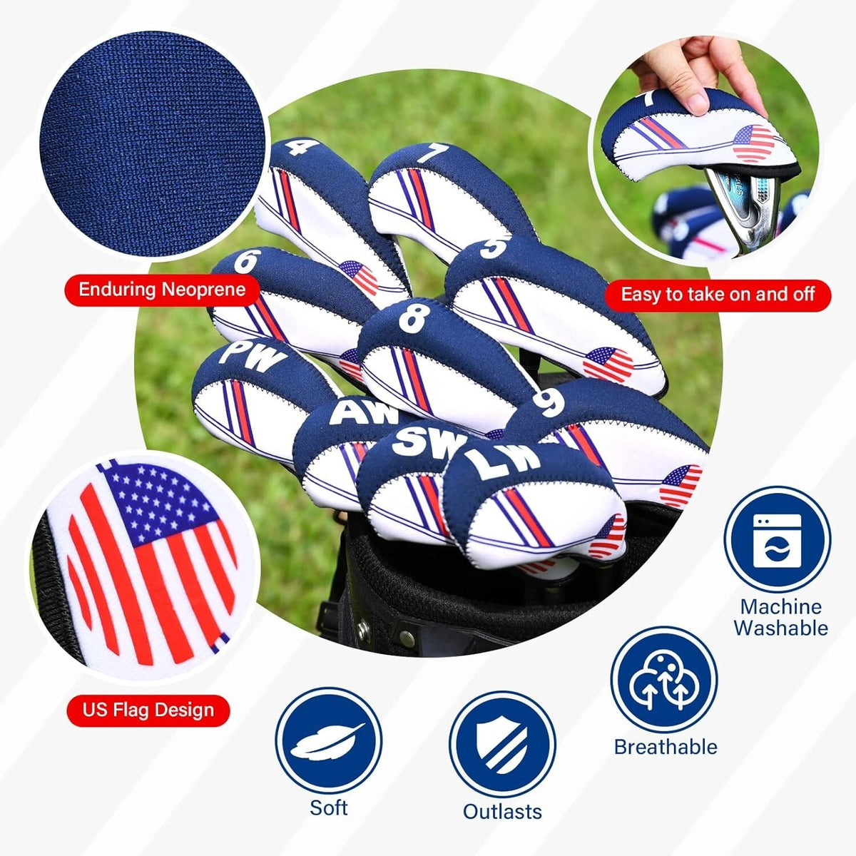 10 Pcs Golf Head Cover Set Club Iron Protectors Neoprene US Flag Styles